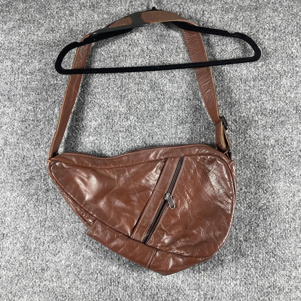 Vintage AmeriBag Sling Bag Medium Brown Leather Ergonomic Pockets Outdoors 90s